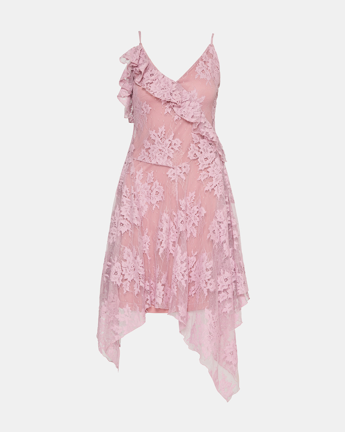 DARIELLA Mauve Shadows Sleeveless Asymmetrical Ruffle Lace Mesh Women's Midi Dress