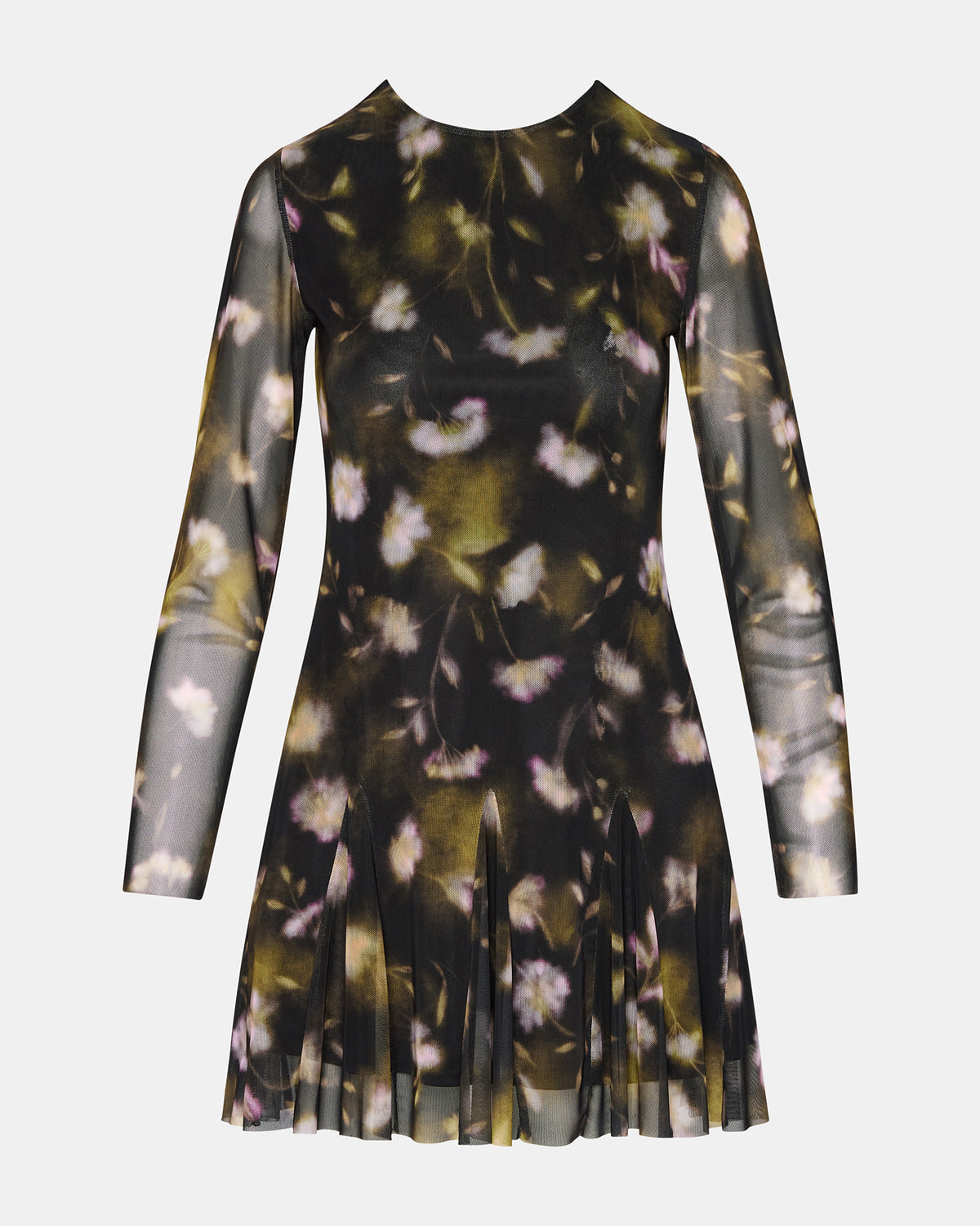 BLISS Black Ditsy Floral Long-Sleeved Floral Print Mesh Sheer Mini Women's Dress