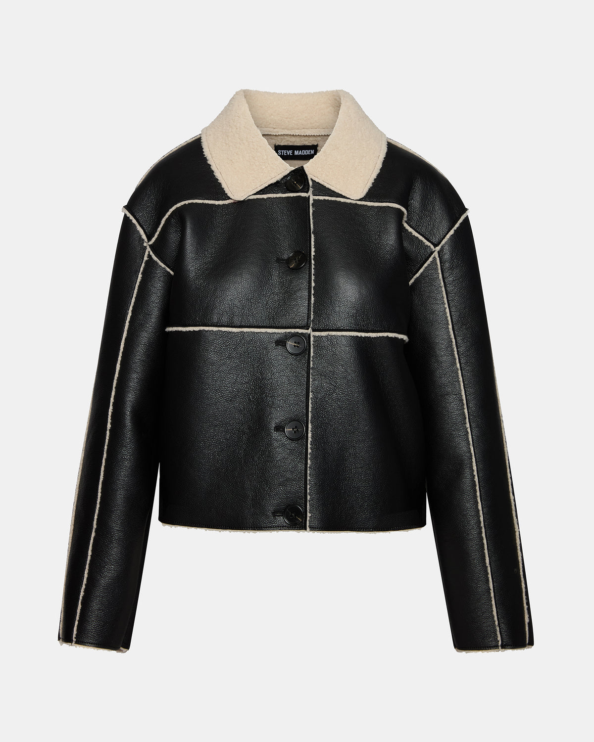 TILIA Black Long-Sleeved Faux Leather Button-Up Faux Fur Women's Coat
