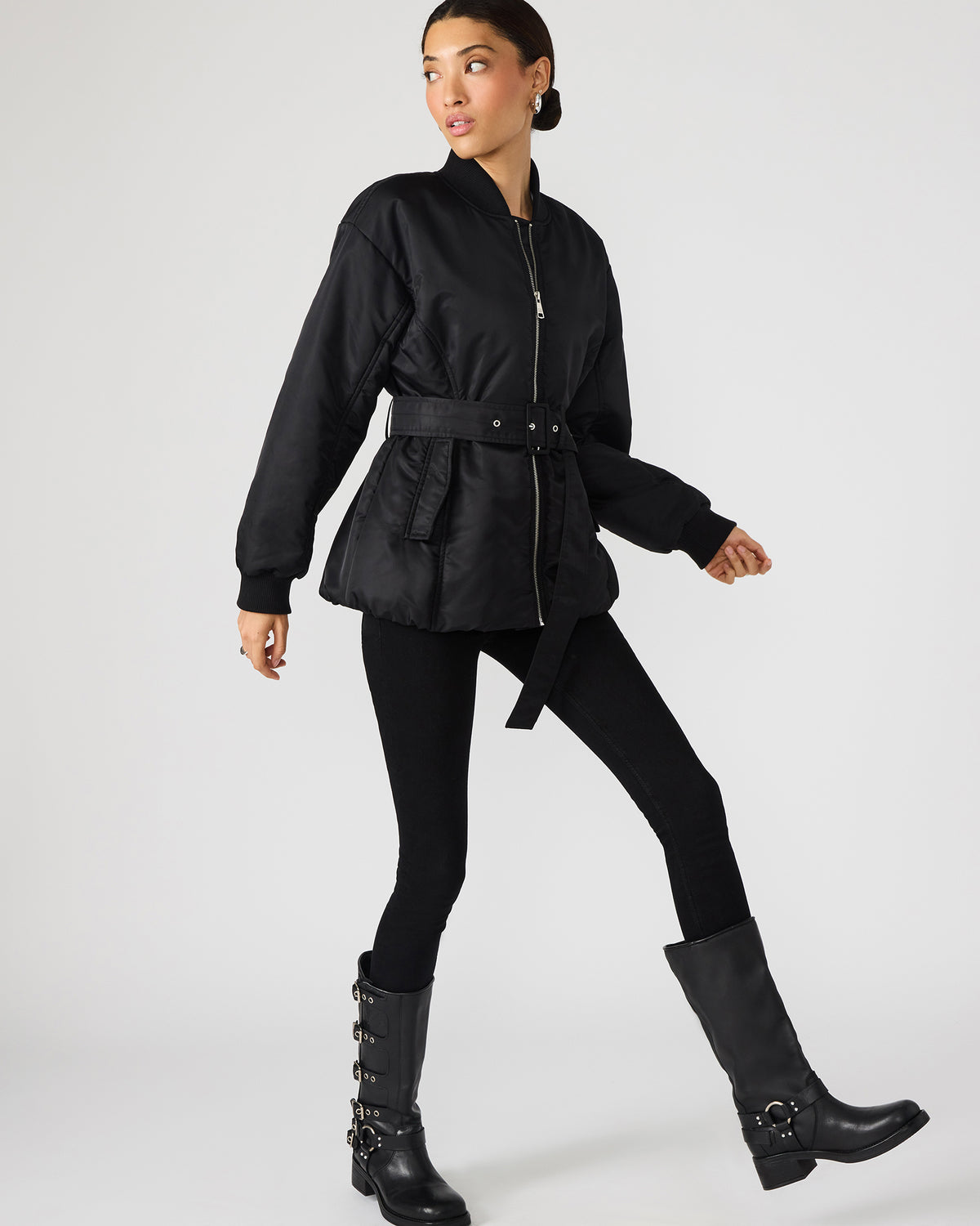 ERYN Black Long-Sleeved Puffer Belted Zip-Up Women's Jacket