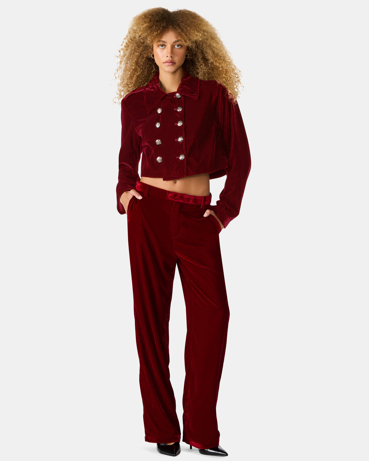 TONIA Red Velvet Button-Up Long-Sleeved Women's Blazer Jacket