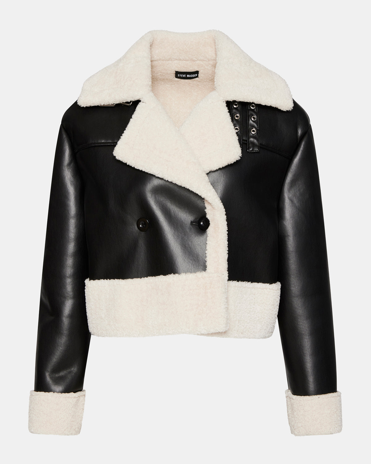 ATHEN Black Women's Faux Leather Shearling Trim Jacket