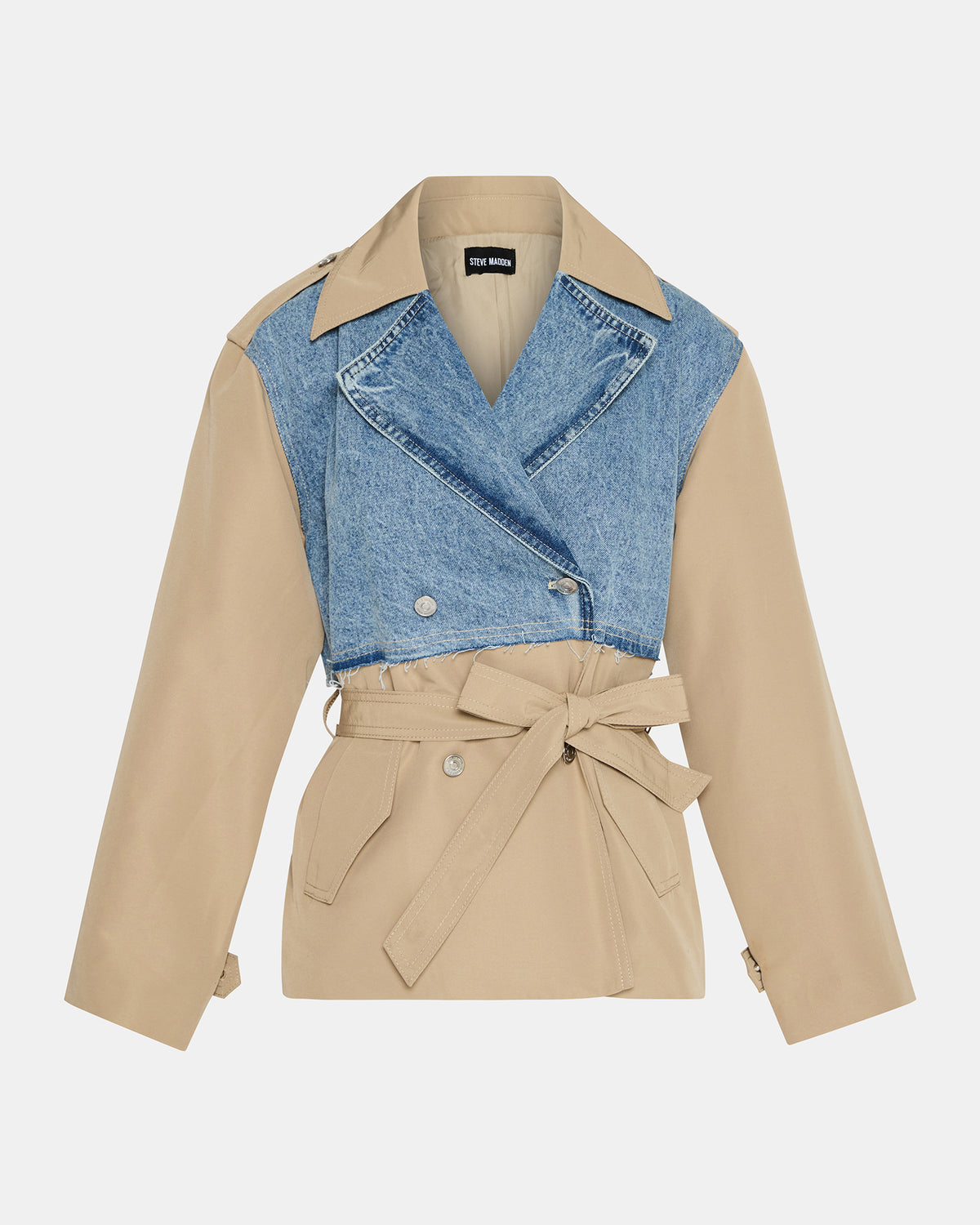 SHYLA Denim Multi Long-Sleeved Denim Khaki Button-Up Tie-Front Women's Coat