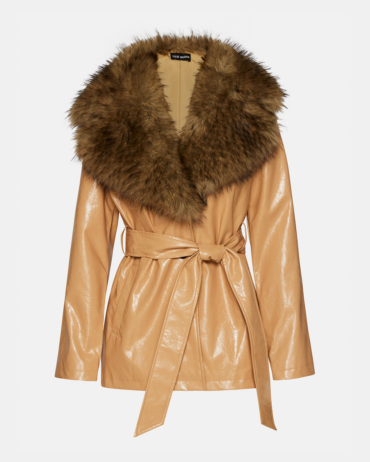 BOWERY Coat Tan | Women's Faux Leather Button-Up Coat