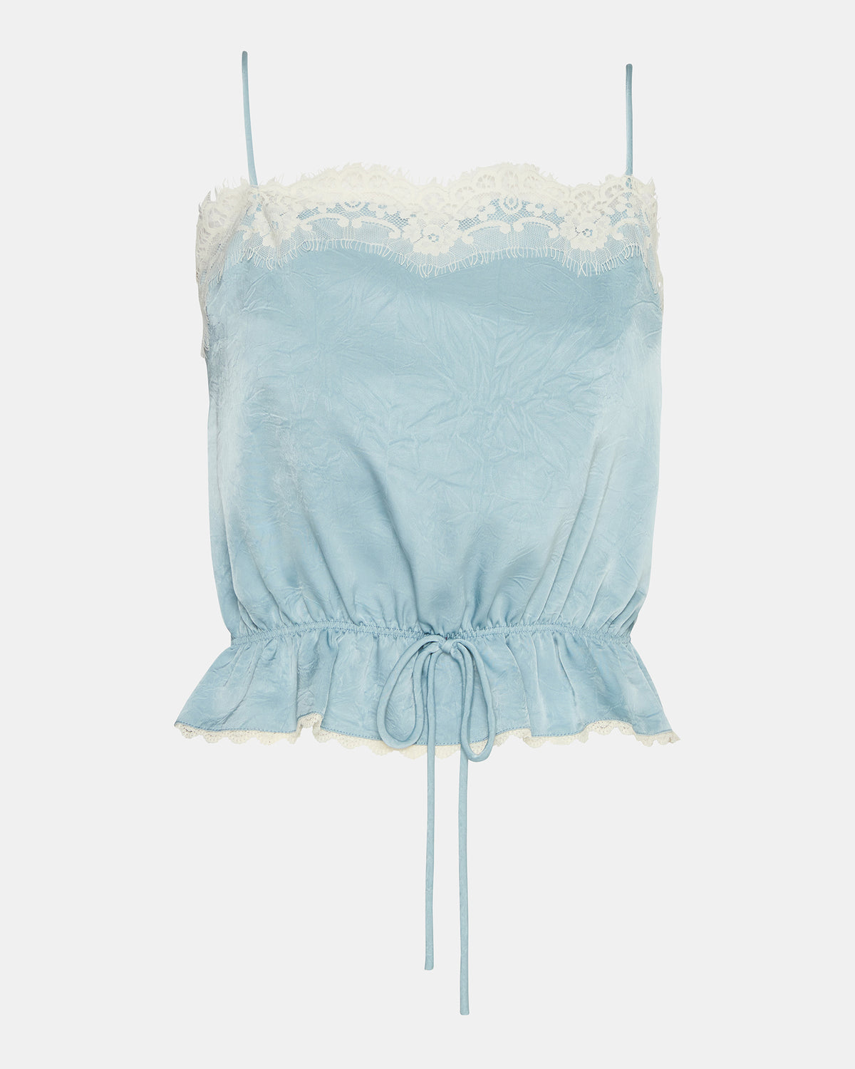 ROAN Dusty Blue Sleeveless Lace Trime Cinched Waist Women's Top