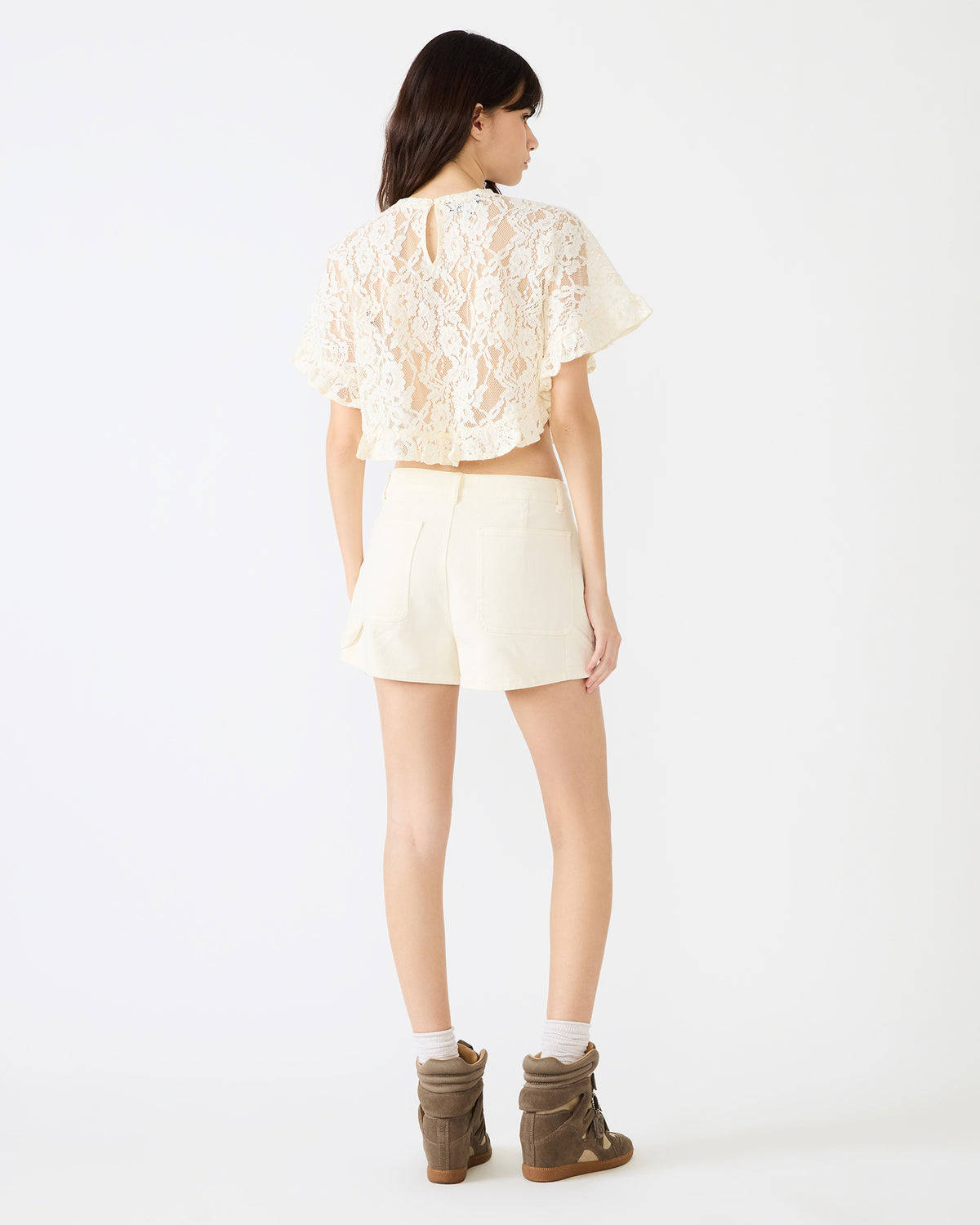 CALLUM Cream Short-Sleeved Mesh Lace Cropped Women's Top