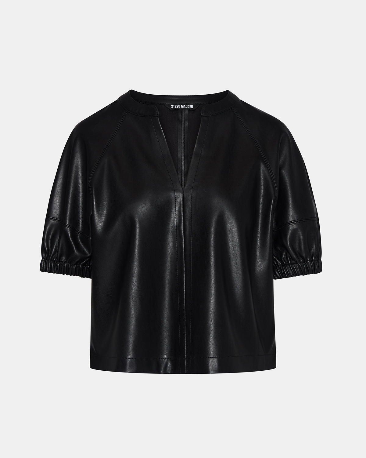 ROXANNE Black Short-Sleeved Faux Leather Puff Sleeve Women's Top