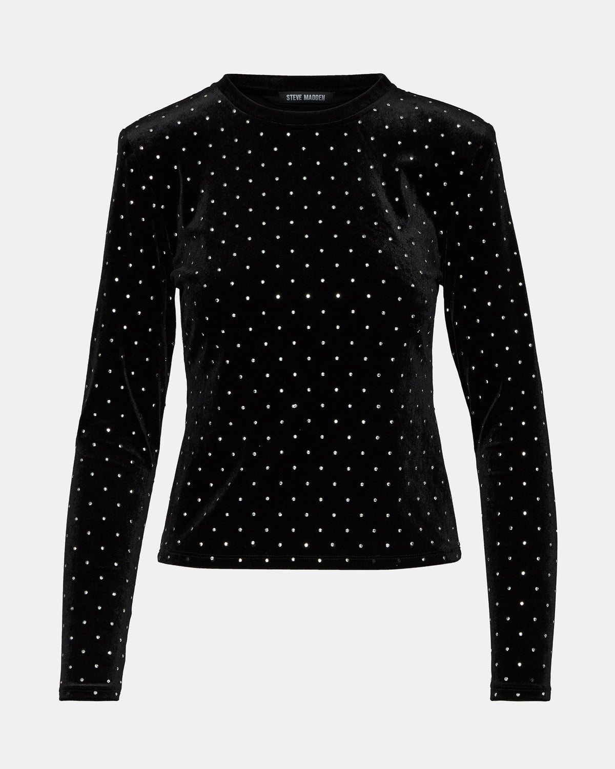 MADILYN Black Studded Velvet Long-Sleeved Rhinestone Embellished Women's Top