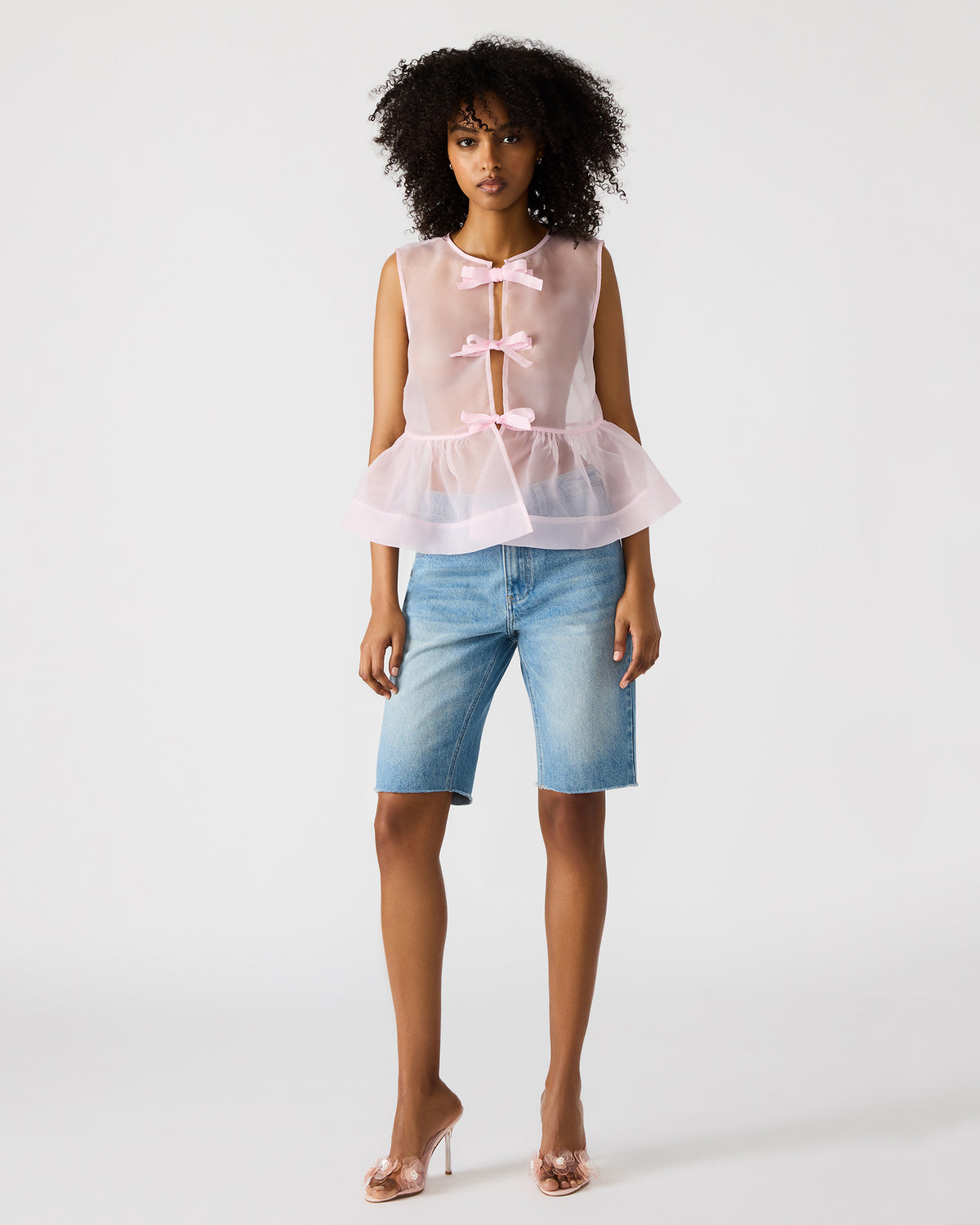 PAULINA Light Pink Sheer Mesh Bow Detail Tie-Front Women's Top