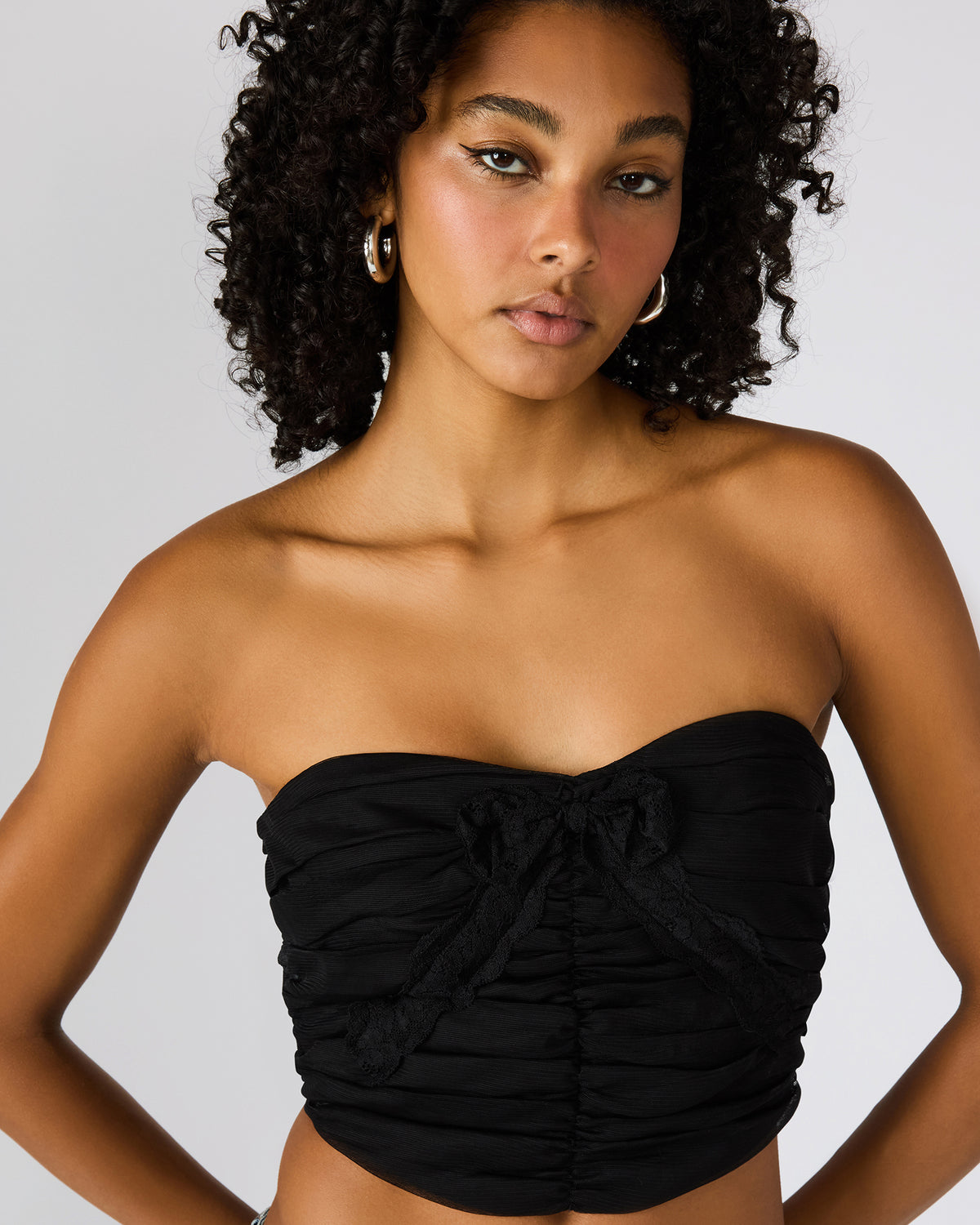 MARTINE Black Strapless Ruched Cropped Corset Women's Top