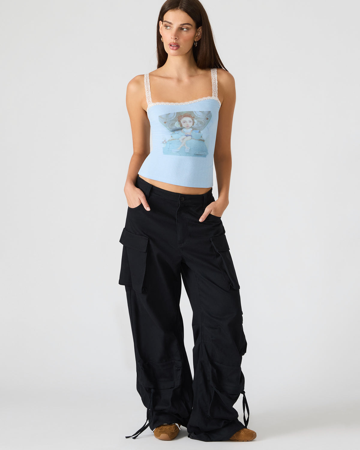 LOVE GOLDIE Surf Blue Lace Trim Sleeveless Graphic Women's Tank Top
