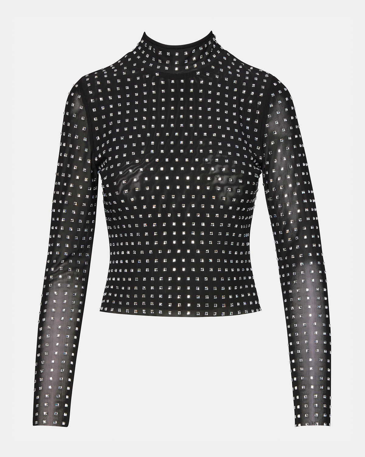 MELVINA Top Black | Women's Long-Sleeved Mesh Fabric Embellished Top