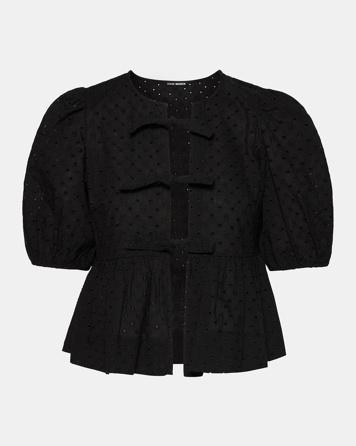 PAULA Top Black Short-Sleeved Tie-Front Eyelet Top Steve Madden BLACK