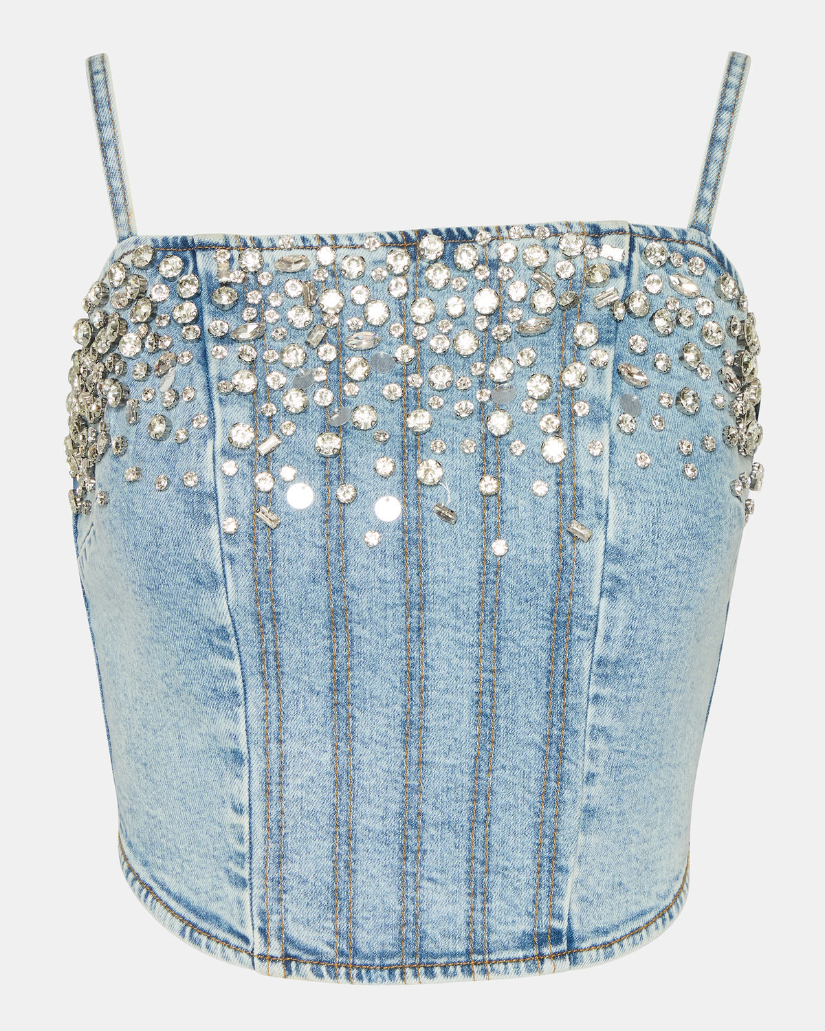 ERAS Denim Rhinestone Embellished Corset Cropped Matching Set Women's Top Steve Madden DENIM FABRIC