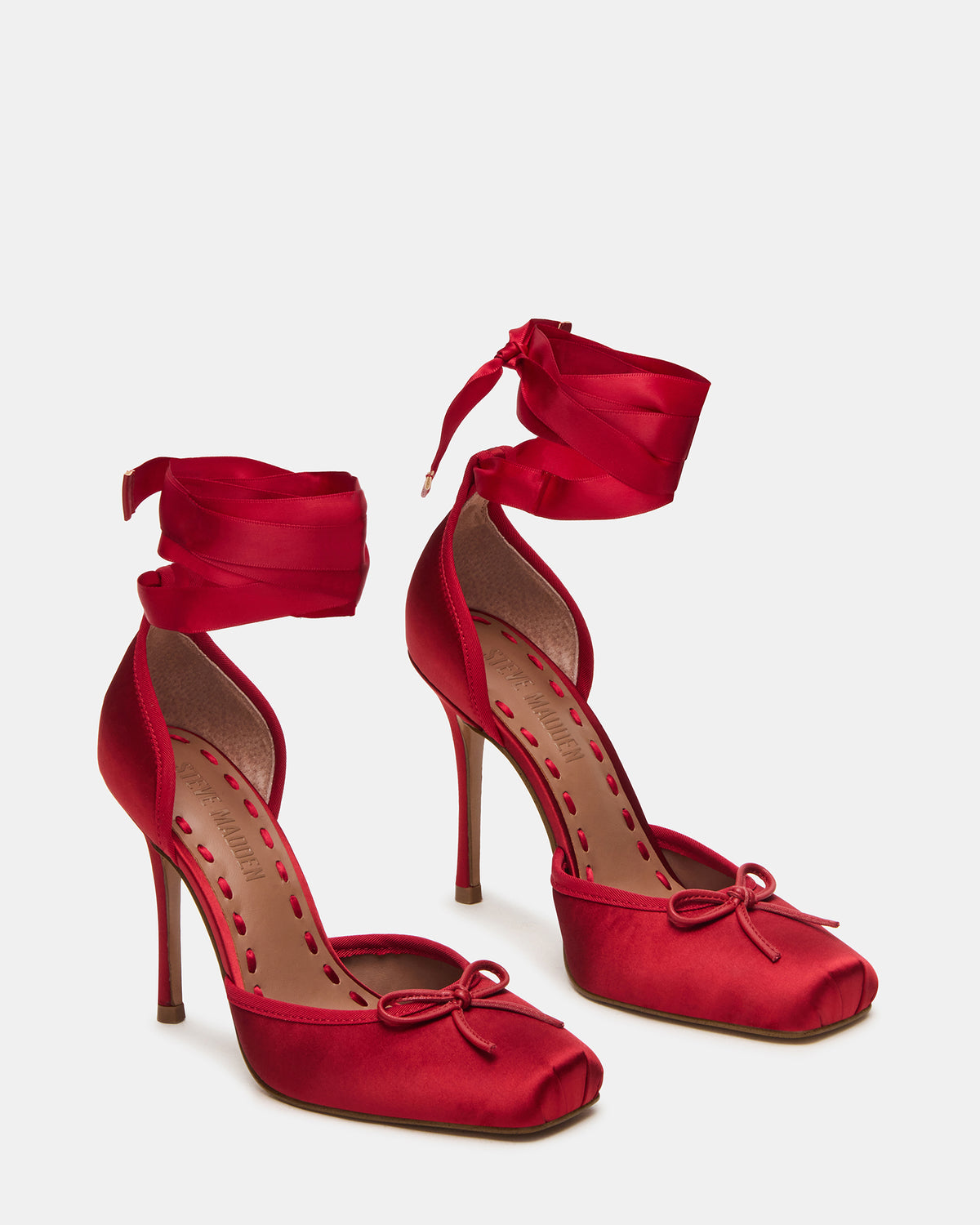LARINA Red Satin Square-Toe Stiletto Pump Lace-Up Women's Heel Steve Madden RED SATIN