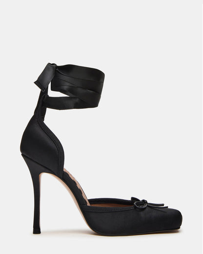 LARINA Black Satin Square-Toe Stiletto Pump Lace-Up Women's Heel Steve Madden BLACK SATIN