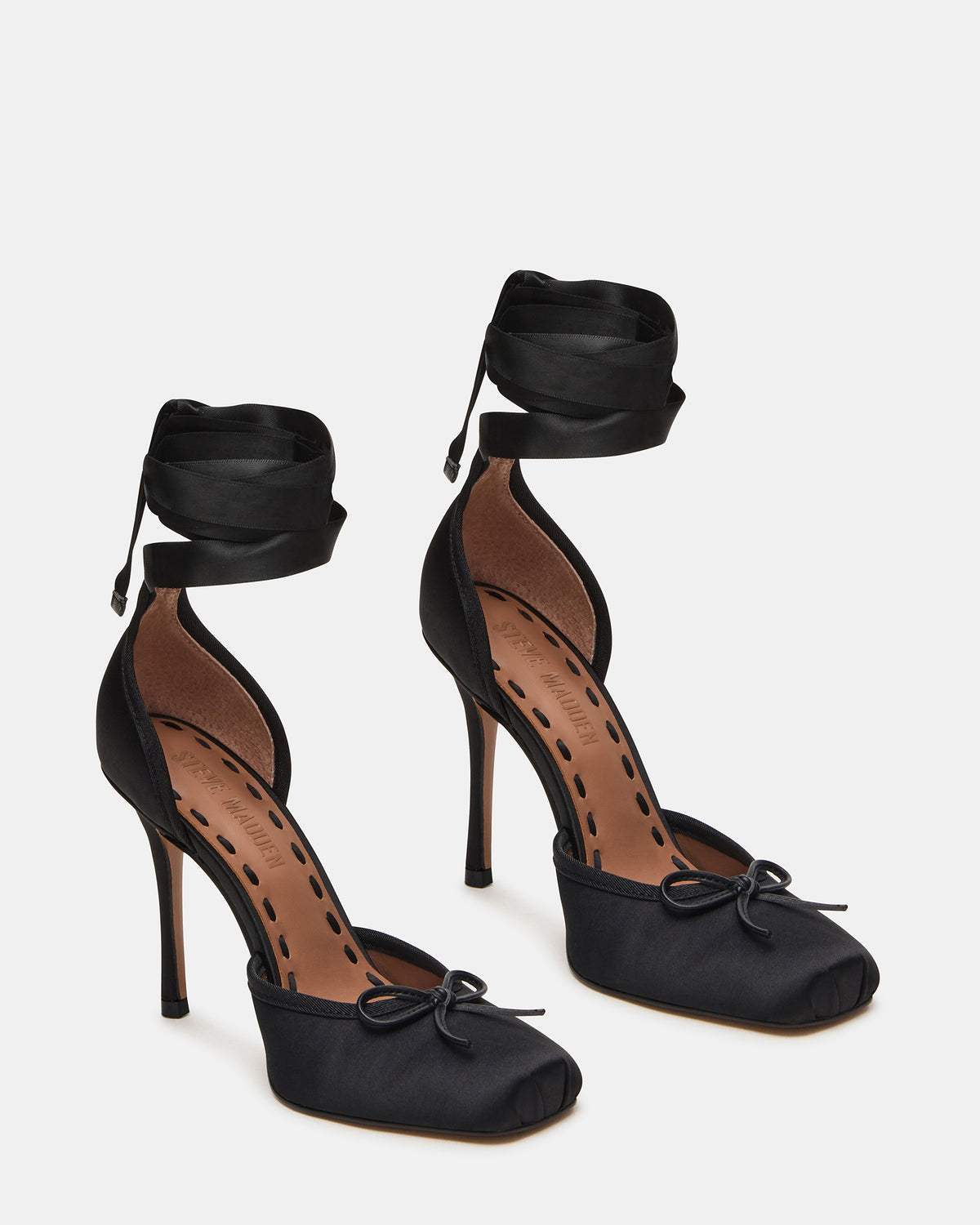 LARINA Black Satin Square-Toe Stiletto Pump Lace-Up Women's Heel Steve Madden BLACK SATIN