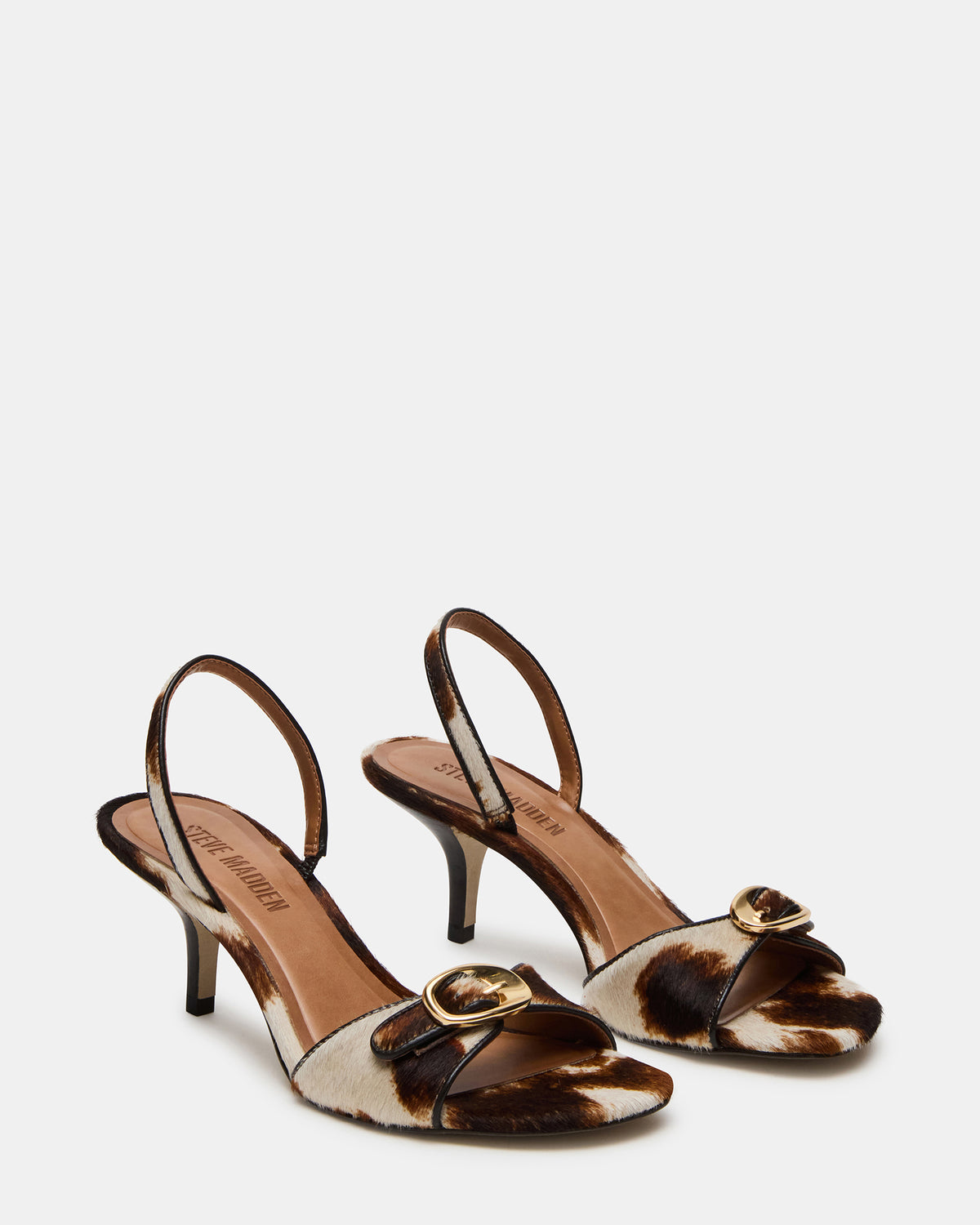 HENRIETTA Brown Cow Print Slingback Square-Toe Women's Heel Steve Madden BLACK WHITE