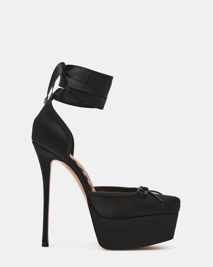 LISTEN Black Satin Stiletto Pump Lace-Up Women's Heel Steve Madden BLACK SATIN