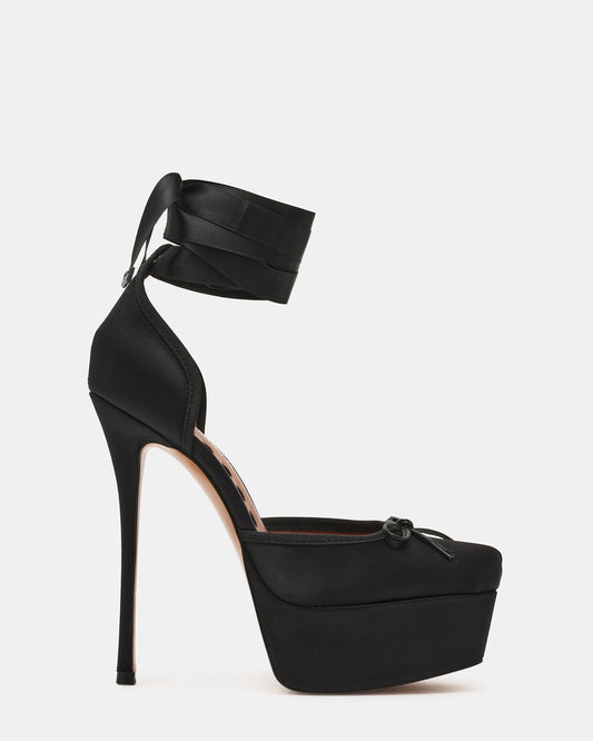 LISTEN Black Satin Stiletto Pump Lace-Up Women's Heel Steve Madden BLACK SATIN