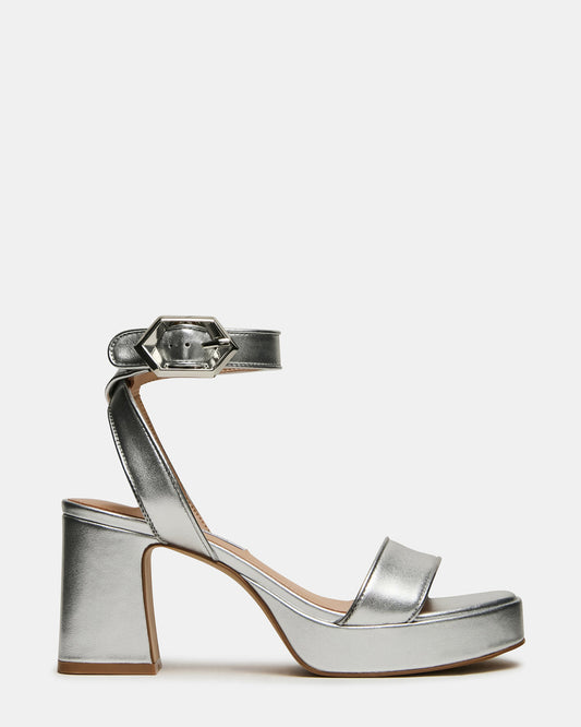 ELIDA Silver Leather Ankle Strap Platform Women's Block Heel Steve Madden SILVER LEATHER