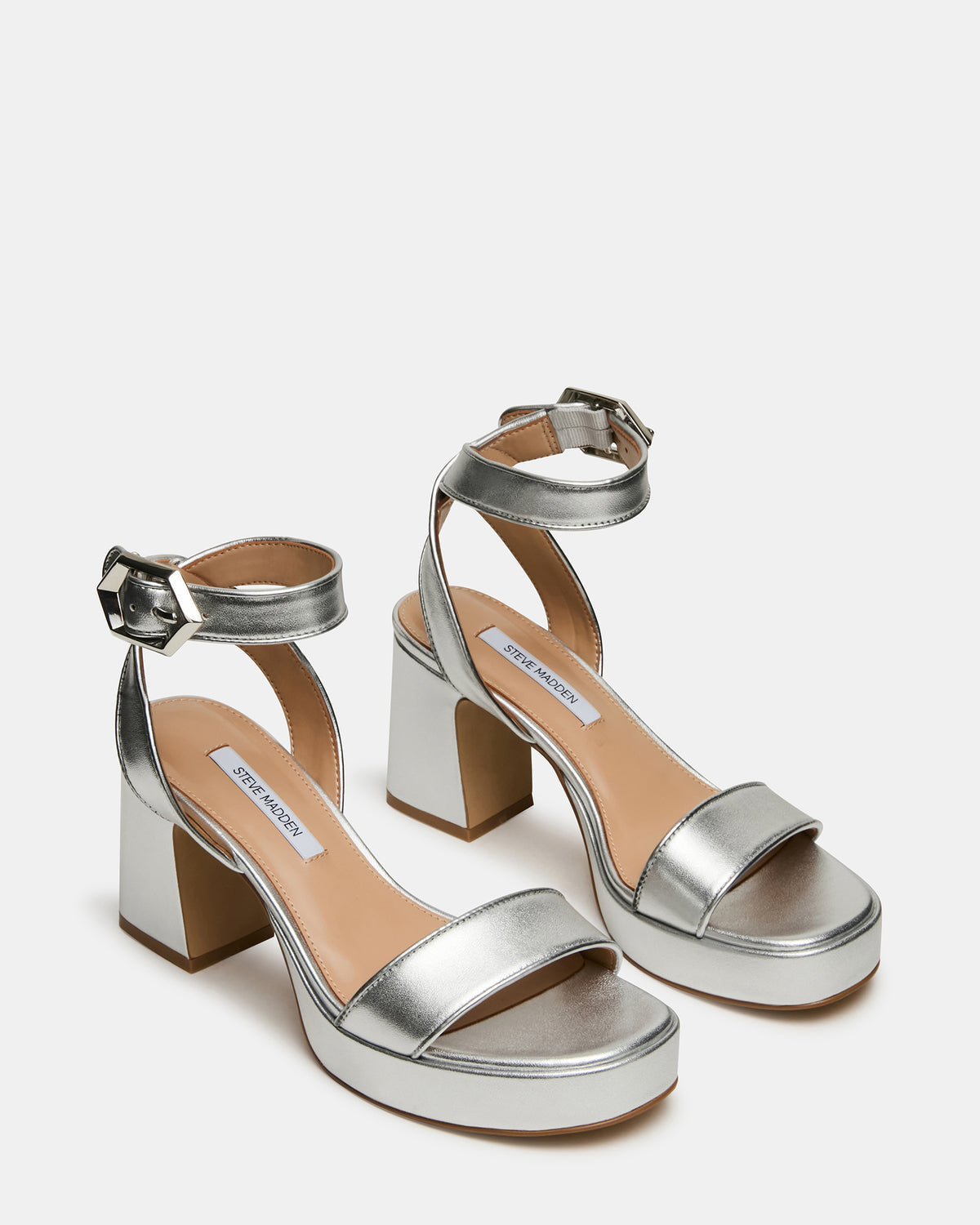 ELIDA Silver Leather Ankle Strap Platform Women's Block Heel Steve Madden SILVER LEATHER