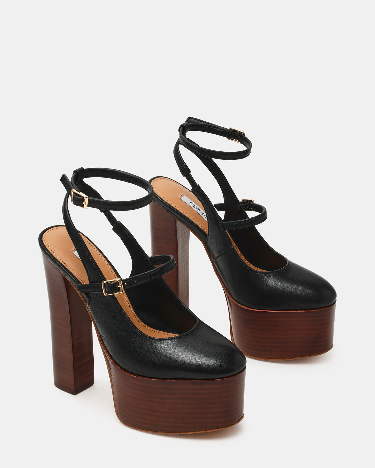 SCOTLYN Stacked Black Leather Mary-Mary Platform Women's Block Heel Steve Madden BLACK LEATHER
