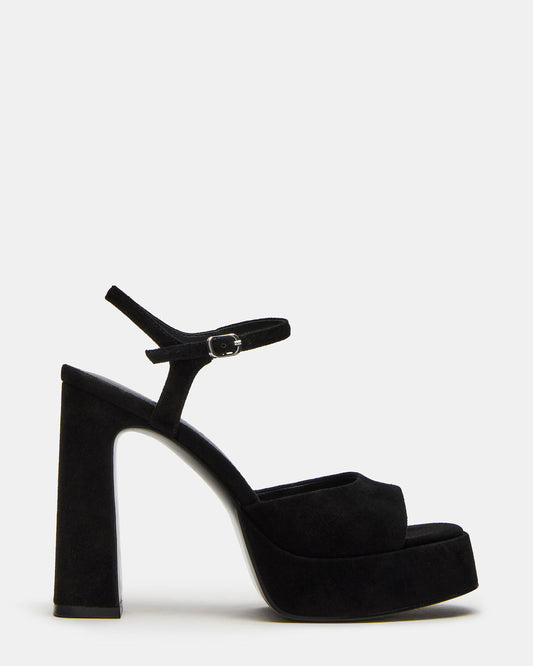 LINADRA Black Suede Women's Platform Square-Toe Strappy Heel Steve Madden BLACK SUEDE