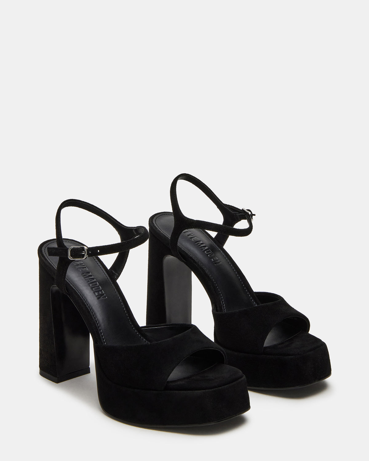 LINADRA Black Suede Women's Platform Square-Toe Strappy Heel Steve Madden BLACK SUEDE