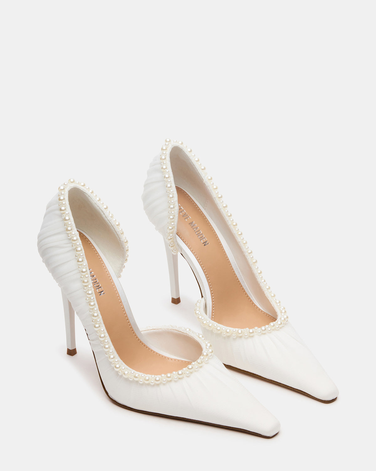 ELEGANT Pearl Ivory Mesh Ruched Pointed-Toe Stiletto Pump Women's Heel Steve Madden IVORY MESH