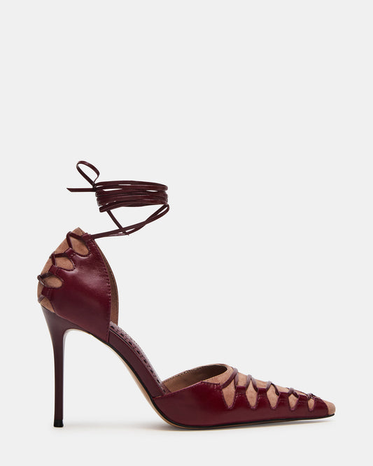 DANGER Burgundy Multi Pointed-Toe Lace-Up Stiletto Pump Women's Heel