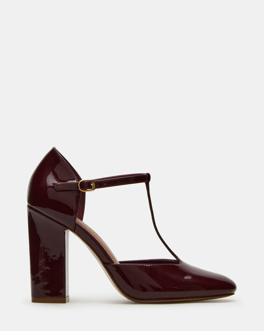 MALCOLM Burgundy Patent T-Strap Block Heel Women's Heel
