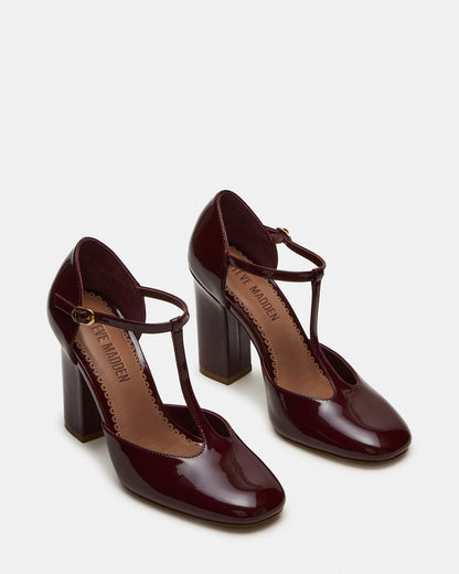 MALCOLM Burgundy Patent T-Strap Block Heel Women's Heel Steve Madden BURGUNDY PATENT