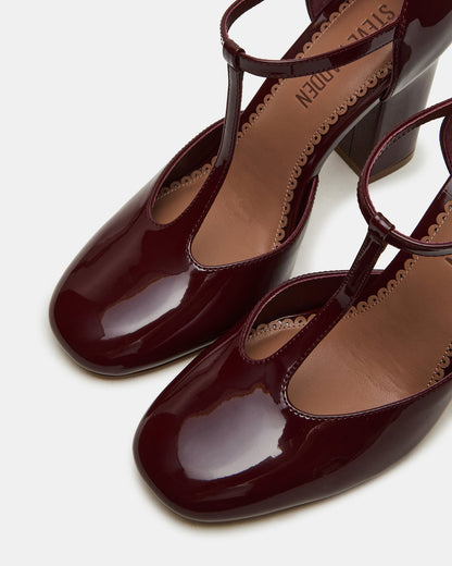 MALCOLM Burgundy Patent T-Strap Block Heel Women's Heel Steve Madden BURGUNDY PATENT