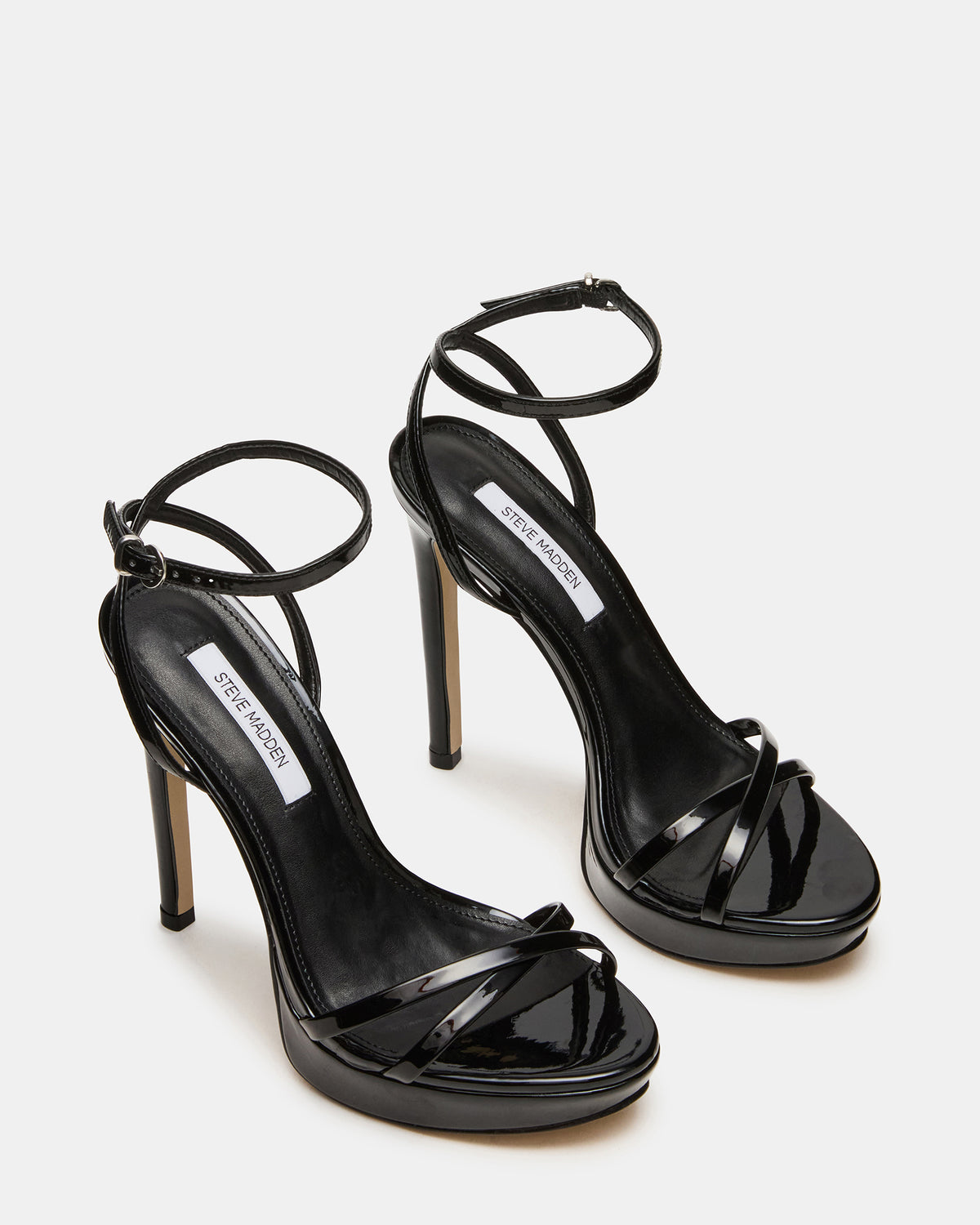 JUNI Black Patent Criss Cross Stiletto Ankle Strap Women's Heel Steve Madden BLACK PATENT