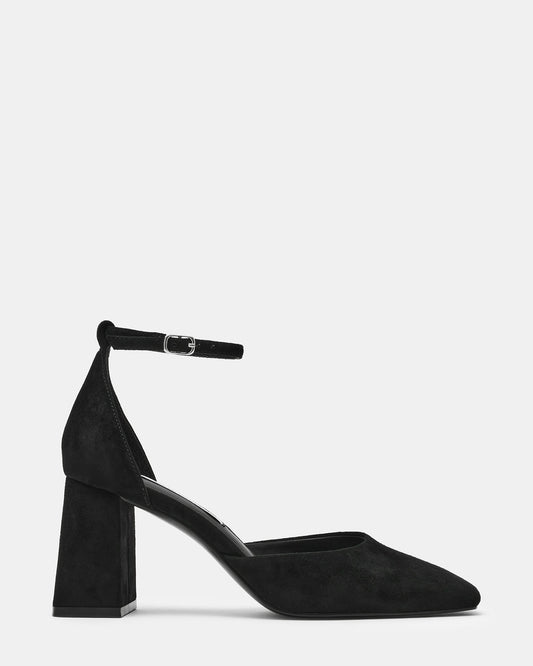 HARTLYN Black Suede Square-Toe Block Heel Ankle Strap Women's Heel