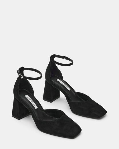 HARTLYN Black Suede Square-Toe Block Heel Ankle Strap Women's Heel Steve Madden BLACK SUEDE