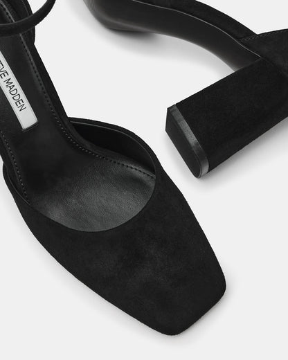 HARTLYN Black Suede Square-Toe Block Heel Ankle Strap Women's Heel Steve Madden BLACK SUEDE