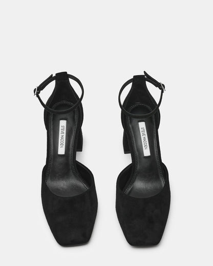 HARTLYN Black Suede Square-Toe Block Heel Ankle Strap Women's Heel Steve Madden BLACK SUEDE
