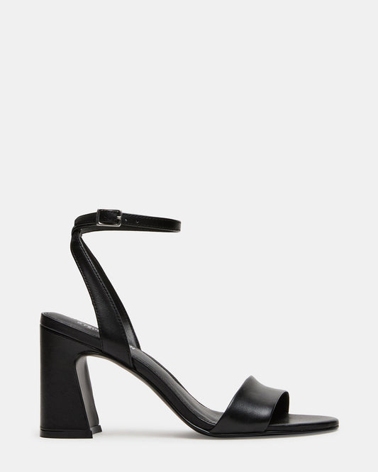 LARAH Black Leather Rounded Toe Block Heel Women's Heel