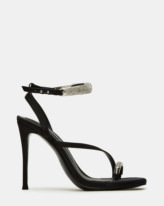 TIA Rhinestones Black Satin Open-Toe Stiletto Women's Heel