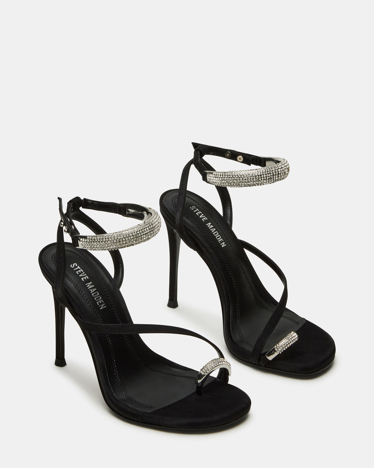 TIA Rhinestones Black Satin Open-Toe Stiletto Women's Heel Steve Madden BLACK SATIN