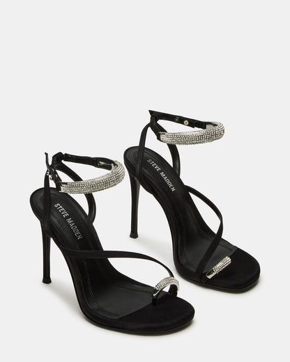 TIA Rhinestones Black Satin Open-Toe Stiletto Women's Heel Steve Madden BLACK SATIN
