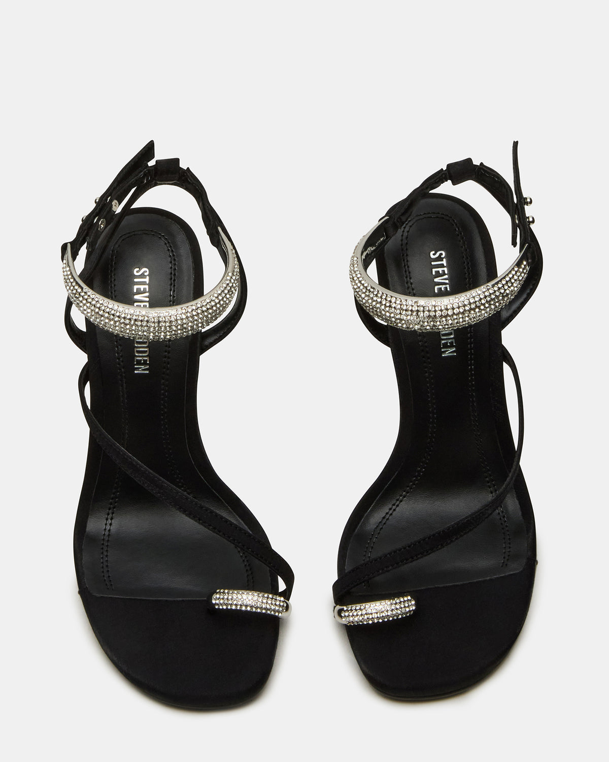 TIA Rhinestones Black Satin Open-Toe Stiletto Women's Heel Steve Madden BLACK SATIN