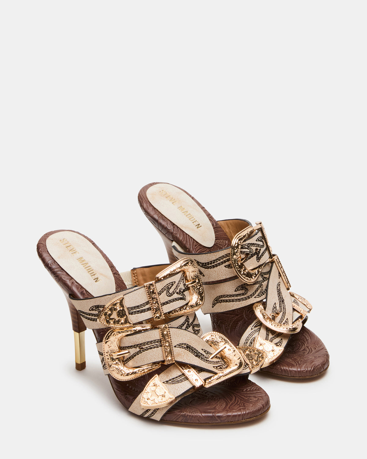 FARRA White Distressed Western-Inspired Stiletto Buckle Mule Women's Heel Steve Madden WHITE DISTRESSED