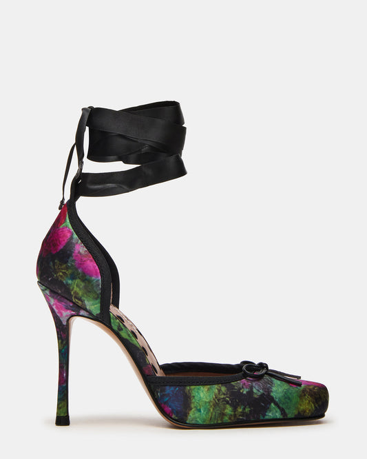 LARINA Floral Satin Square-Toe Stiletto Pump Lace-Up Women's Heel