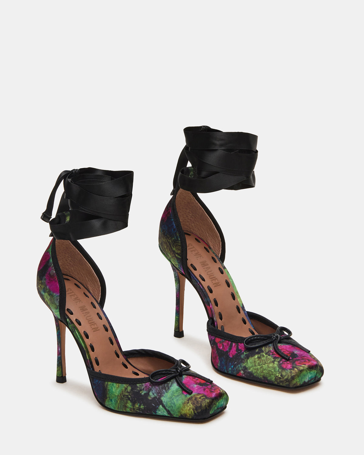 LARINA Floral Satin Square-Toe Stiletto Pump Lace-Up Women's Heel Steve Madden FLORAL SATIN