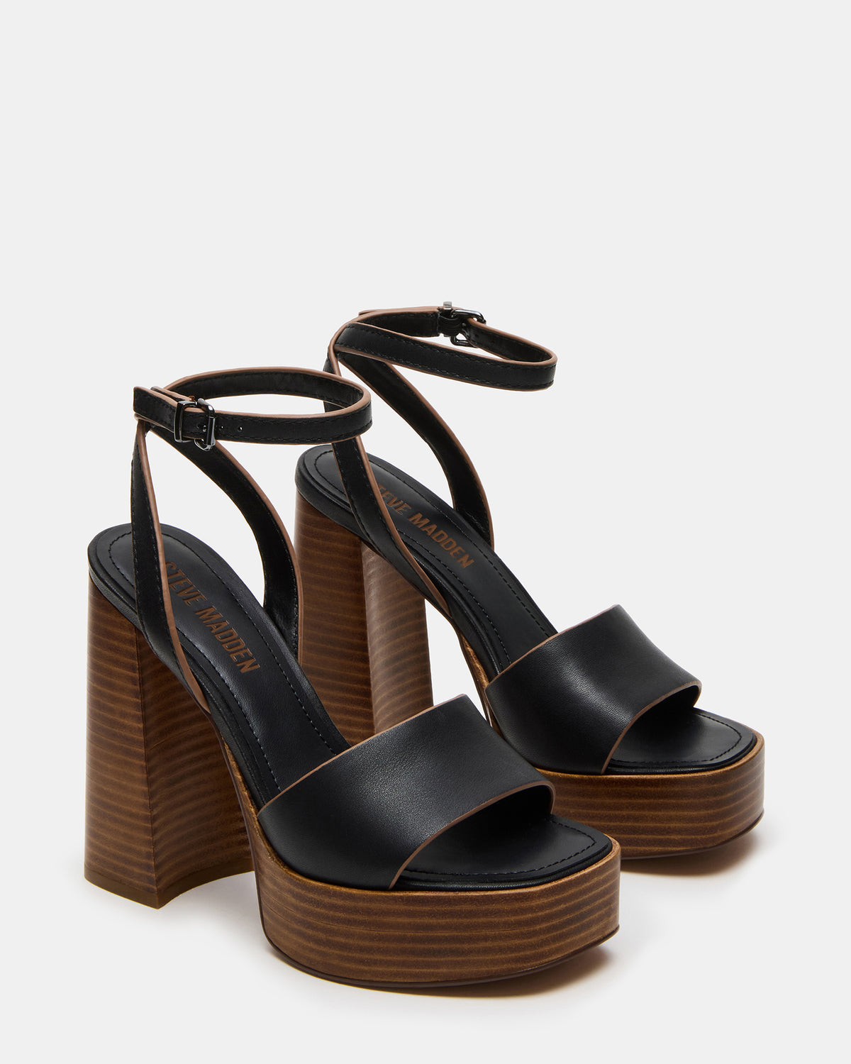 FLORIA Black Leather Women's Platform Square-Toe Block Heel Steve Madden BLACK LEATHER