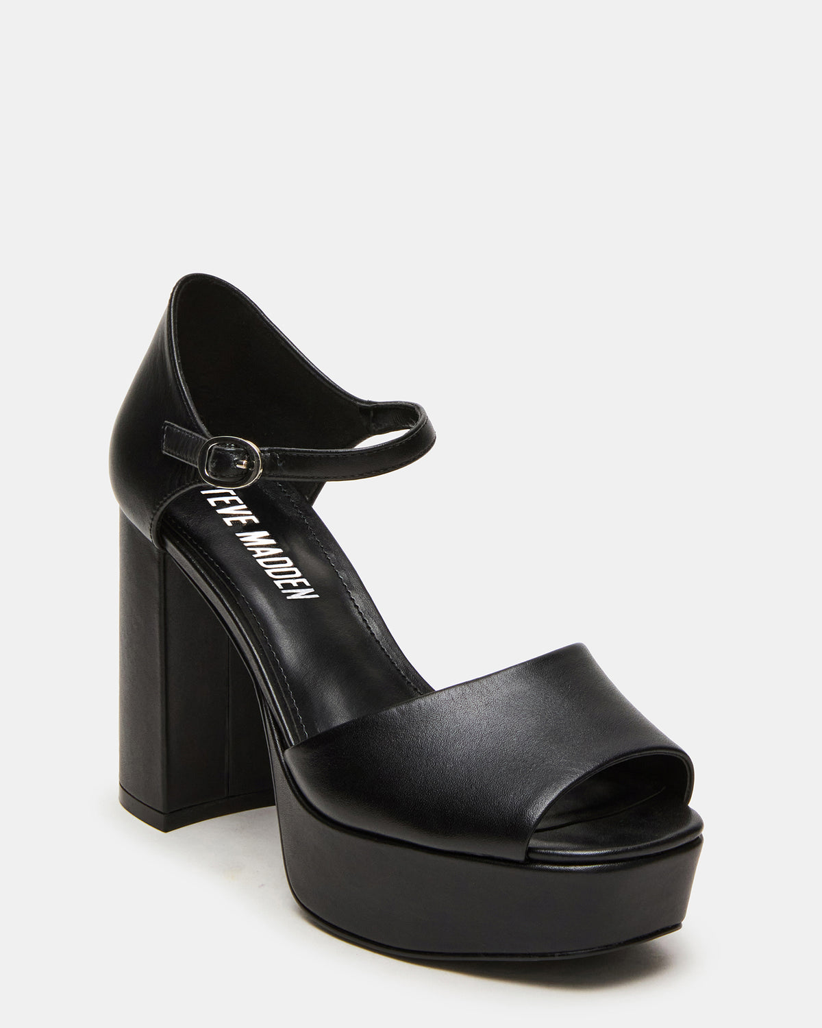 LONDON Black Leather Platfrom Block Heel Square-Toe Women's Heel Steve Madden BLACK LEATHER