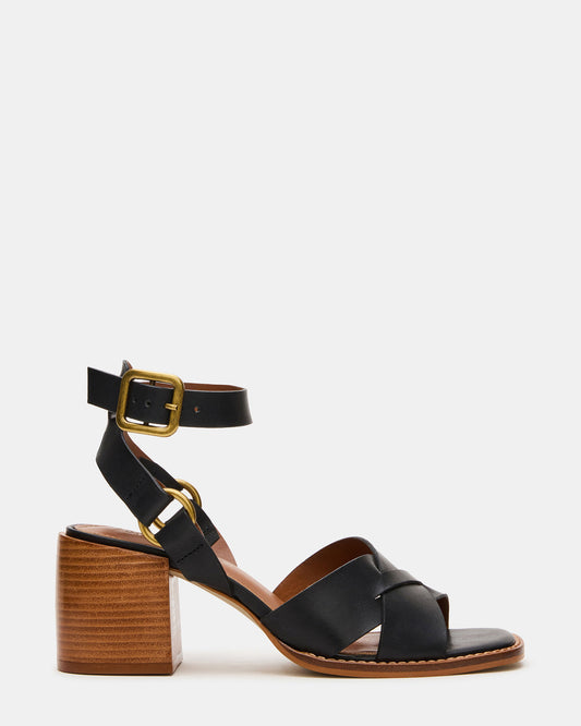 TRURO Black Leather Strappy Wood Bottom Square-Toe Women's Heel